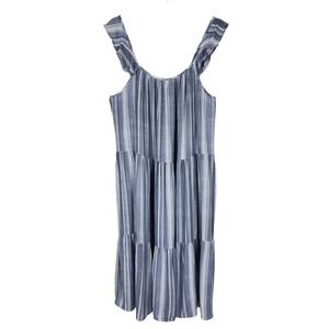 Ecothreads Womens Tiered Midi Dress M Blue Striped Ruffle Sleeve Boho Sundress